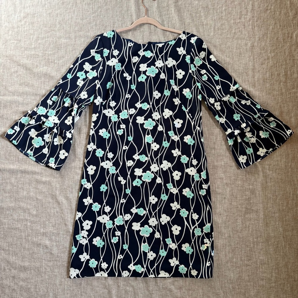 Talbots Shift Dress 6 Navy Blue Floral Tiered Bell Sleeve Boat Neck Retro Tie